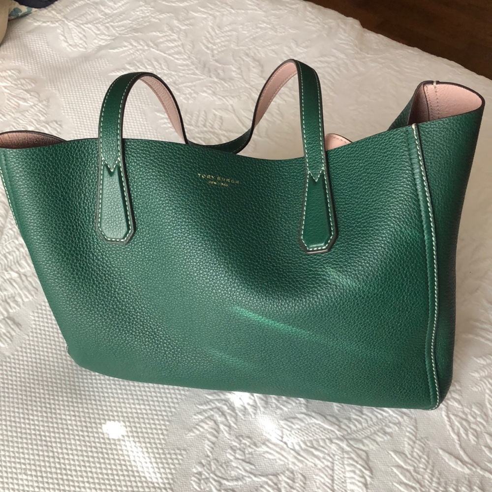 Tory Burch hunter green and light pink tote!